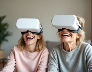 Young woman, senior lady enjoy virtual reality gaming in modern living room. Grandmother with granddaughter using VR headsets, exploring digital entertainment. Modern tech leisure at home. Smiling,