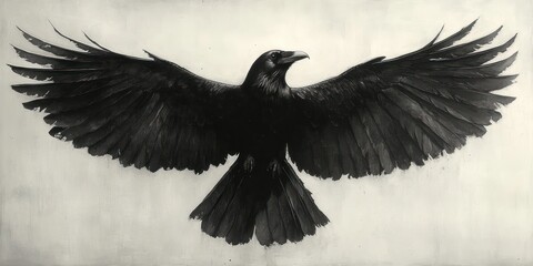 Fototapeta premium Majestic Black Raven Ink Wash Painting Black Bird Monochrome Feather Detail