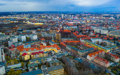 Obraz premium Aerial view of modern landscape of Polish city of Katowice on spring evening, Silesian Voivodeship