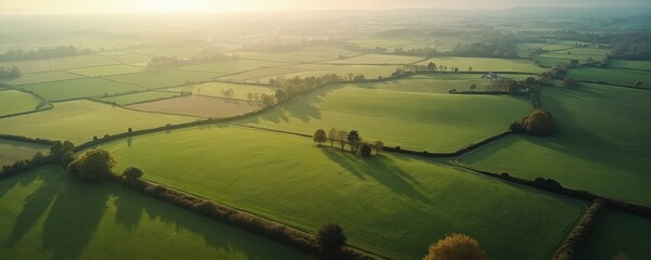 Aerial view of Somerset, England countryside. Picturesque green fields, farms, agricultural landscape. Summer, sunny day, fields and meadows, farming. Sustainable eco farming.