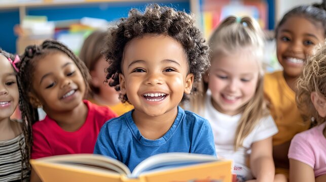 Joyful story time in kindergarten classroom with enthusiastic teacher