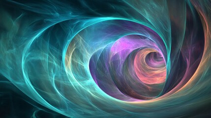 Abstract swirling fractal art with teal, pink, and orange hues creating a vortex effect.