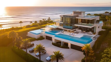 Fototapeta premium Luxury coastal home with multiple pools offering stunning ocean views at sunset.