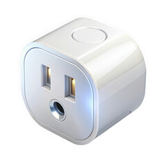 A sleek, modern white electrical plug with a minimalistic design, featuring two vertical slots and a central hole, set against a clean background.
