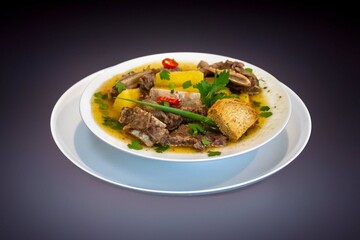 Traditional rustic Brazilian soup known as vaca atolada, prepared with cassava and beef ribs