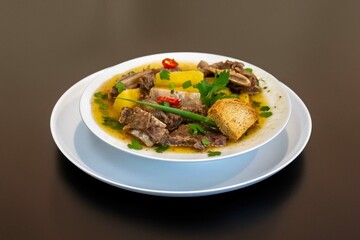 Traditional rustic Brazilian soup known as vaca atolada, prepared with cassava and beef ribs