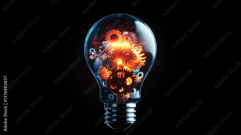 Aufkleber a transparent lightbulb showcasing interlocking gears within against a black background symbolizing 