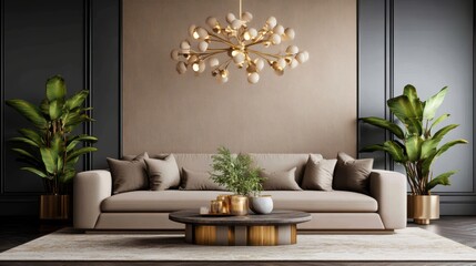 Elegant living room with beige sofa and taupe pillows, ornate chandelier, circular coffee table, tall plants, and large beige wall ambiance design