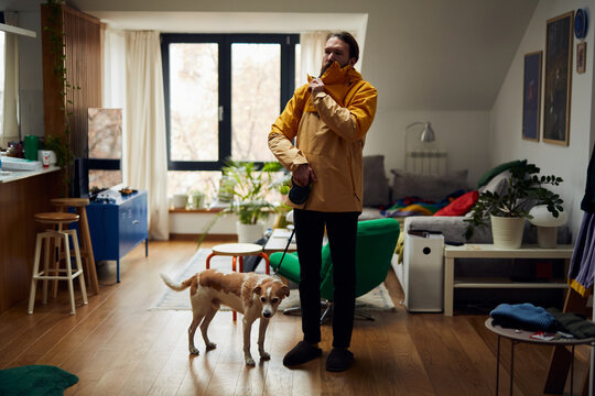 Man goes for a walk with his dog 