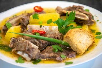 Traditional rustic Brazilian soup known as vaca atolada, prepared with cassava and beef ribs