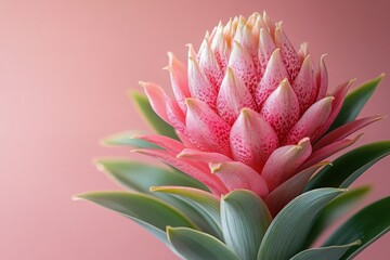 Fototapeta premium Pineapple Flower with Green Leaves on Pastel Pink Background