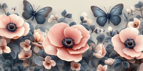 Floral Wallpaper Mural with Pink Anemones Green Leaves and Blue Butterflies Vintage Botanical Illustration