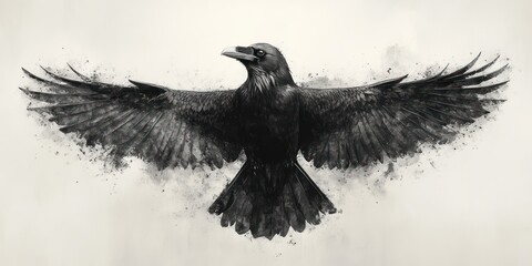 Majestic Black Raven Ink Wash Painting with Wings Spread