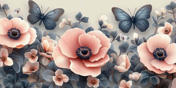 Floral Wallpaper Mural with Pink Anemones Green Leaves and Blue Butterflies Vintage Botanical Illustration - Powered by Adobe