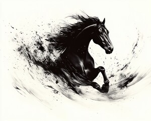 Dynamic Ink Illustration of a Galloping Horse in Black and White Sketch Style