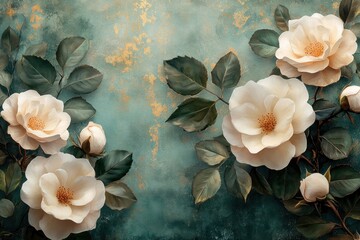 Happy Birthday Card Banner in Green with Golden Diamond Floral Design and Green Leaves on Neutral Background