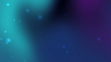 Glowing particles float across a dark blue purple blue gradient