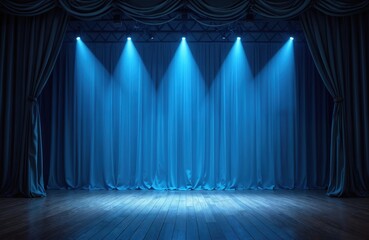 Empty theater stage with blue stage lights. Wooden floor, blue velvet curtains create dramatic backdrop for performance, event, show. Place for ballet, concert, dance show. Performance art concept.
