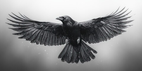 Naklejka premium black raven bird in flight graphic illustration on white background