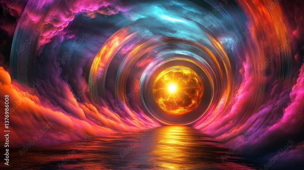 Poster vibrant swirling cloudscape with a luminous orb at its center, creating a mystical tunnel effect ref