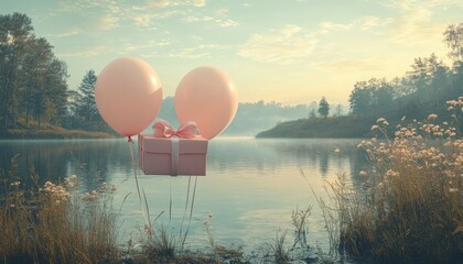 Baby Girl Birth Celebration Card with Pink Gift Box and Balloons by Serene Lake