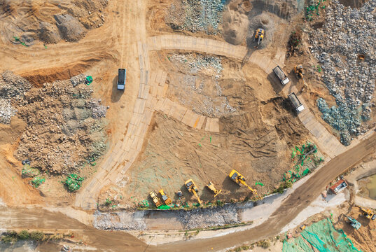Aerial View of Excavators Digging at Construction Site