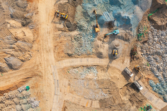 Aerial View of Excavators Digging at Construction Site