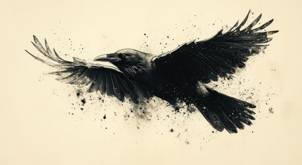 Raven Bird in Flight Illustration Black Wings Detailed Feather Texture Minimalistic Design