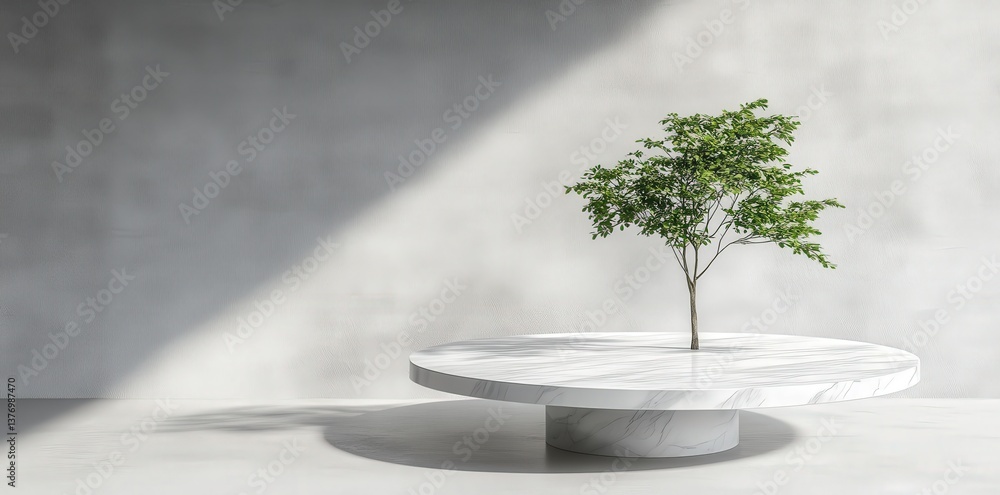 Aufkleber a minimalist scene featuring a small tree on a round marble table with a textured gray wall in the b