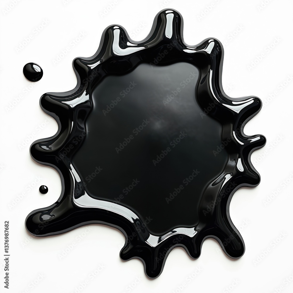 Poster illustration of black liquid spill on white background. glossy, shiny, viscous blob, creating abstra