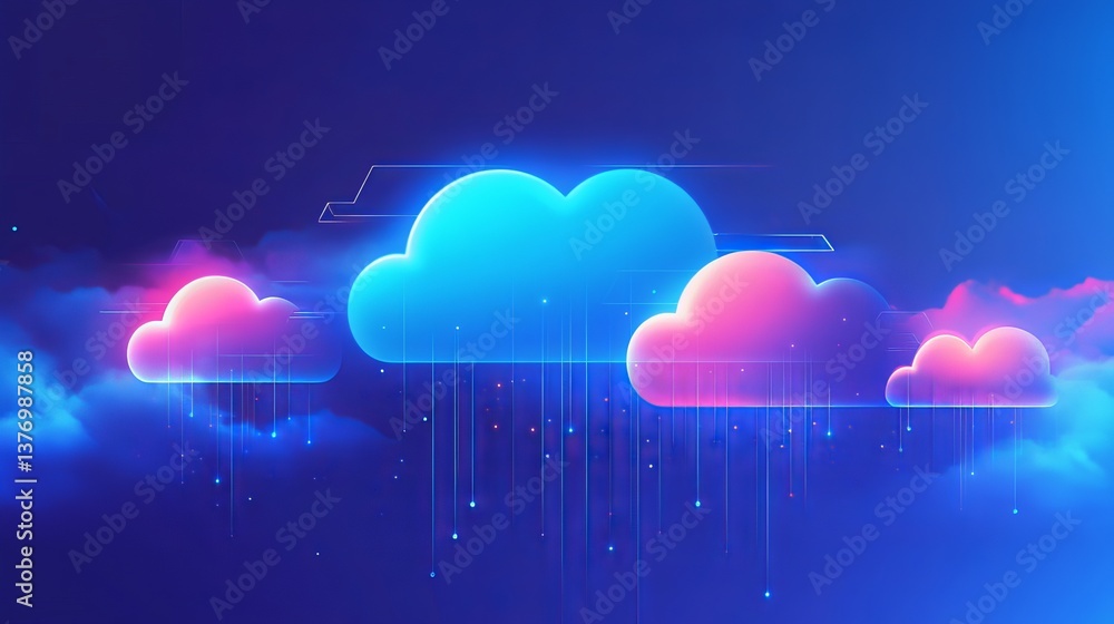 Poster abstract cloud computing network digital data transfer technology neon blue pink glow modern futuris