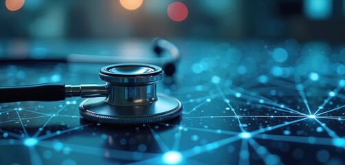 Stethoscope digital network healthcare connection concept. Modern medical tech, innovation, data flow, information system, hospital automation. Digital tools for efficient medical task management.