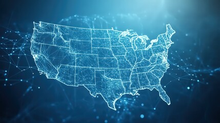 USA Map Digital Overlay. Connectivity lines over geographic shape on a blue background