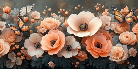 Floral wallpaper mural pink anemones butterflies botanical illustration vintage design pastel colors garden decoration