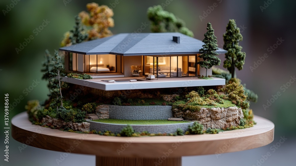 Poster intricate miniature architectural model showcasing a modern single-story house on a hillside with la