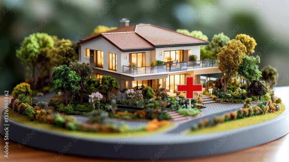 Poster detailed miniature model of a two-story house with red cross sign led in lush landscaped setting on 