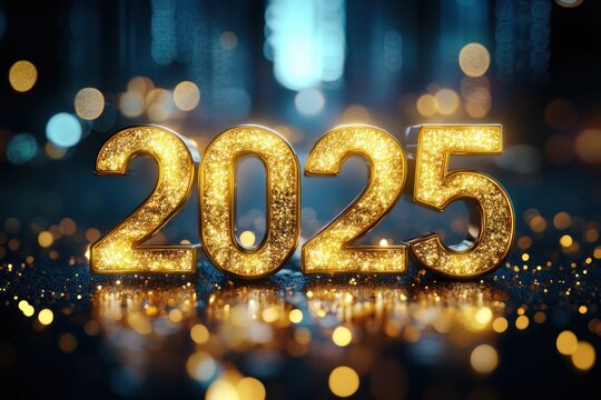 2025 Happy New Year Celebrations with Glowing Gold Text in Dark Cityscape