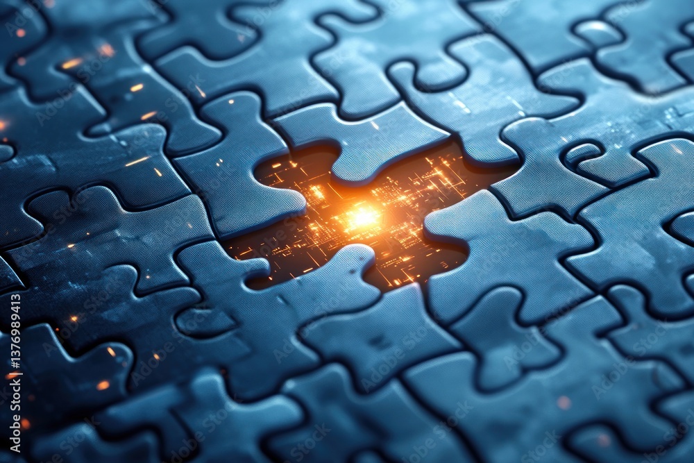 Poster futuristic jigsaw puzzle symbolizing network security and artificial intelligence in cyberpunk desig