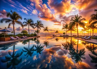 Luxurious Resort Poolside Sunset: Palm Tree Reflections & Tranquil Waters