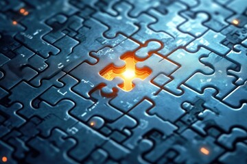 Futuristic Jigsaw Puzzle with Missing Piece in Cyberpunk Style Representing Networking and Internet Security