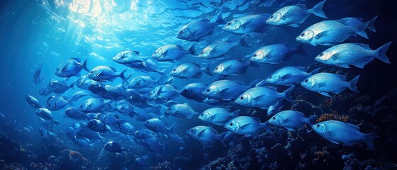 Underwater school of fish swimming in vibrant blue water, sunlight penetrating the surface