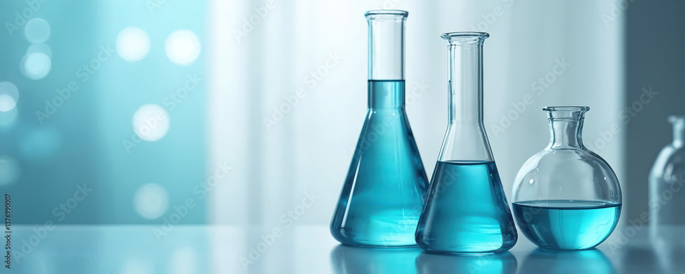 Poster clear glass beakers with blue solution in laboratory. transparent flasks with liquids, science lab e