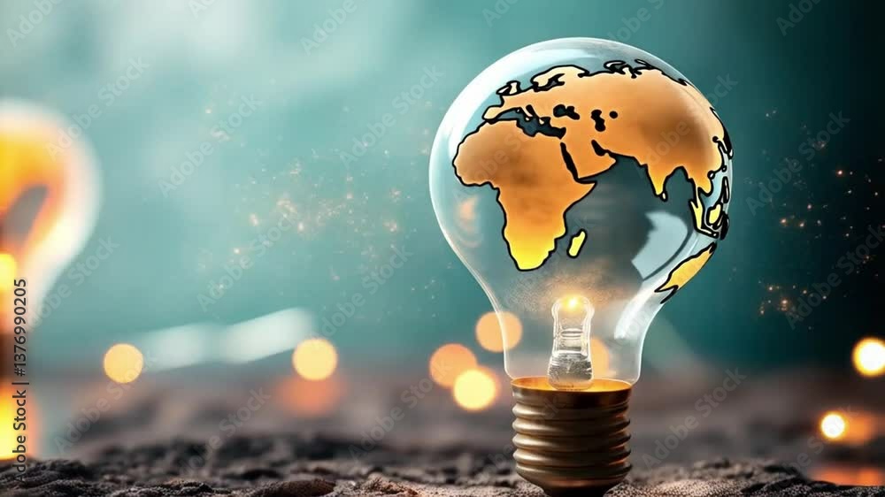 Aufkleber Illuminated lightbulb with world map inside on ground with bokeh and teal background art