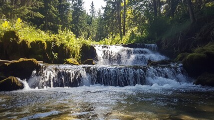 Obraz premium Cascading beauty, natural waterfall flowing through verdant forest scenery