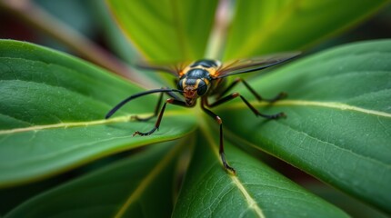 Naklejka premium Close-up of a Wasp Resting on Vibrant Green Leaves