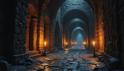Long medieval castle corridor with arches lit by candles, evokes mystery. Dark dungeon tunnel interior, stone walls, fantasy background, endless ancient catacombs. Mystical, scary, horror concept.
