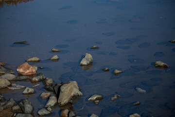 rocks in golden-hour light partially submerged in clear, shallow blue water
