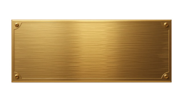 Golden Blank Metal Nameplate or Plaque Cut Out Isolated on Transparent PNG Background.