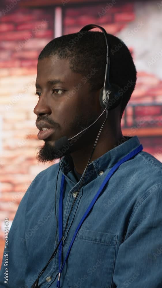 Poster vertical video call center agent helping customers regain access to accounts, diagnosing problems. c