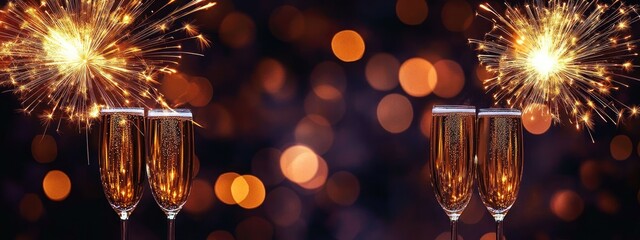 New Year Celebration Fireworks Banner Toasting Champagne 2025 Festive Night Sky Bokeh